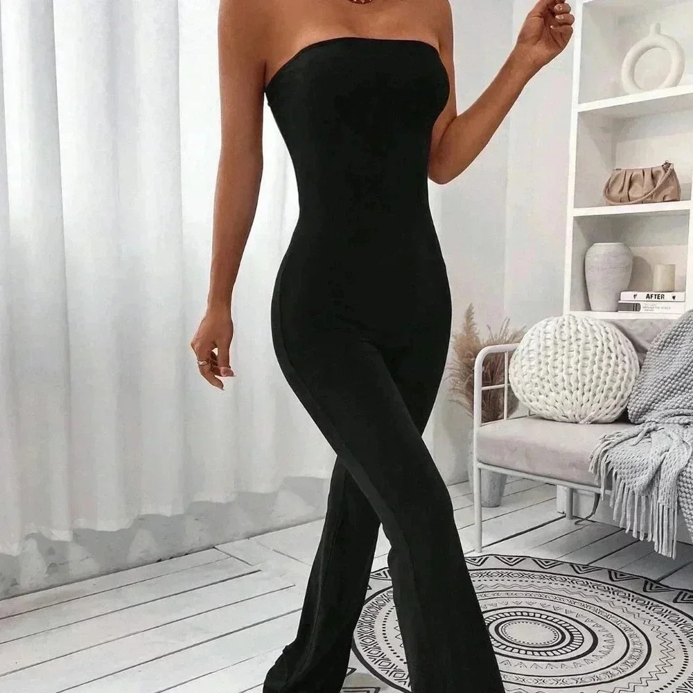 Black Casual Women's Solid Flare Leg Tube Jumpsuit - Picture 3 of 7